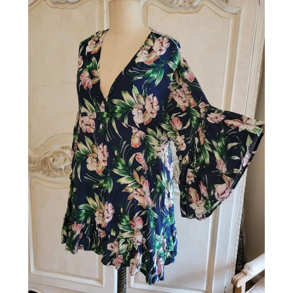 Label of Love Australia Navy Pink Tropical Print Baby Doll Dress Ruffle Sz M